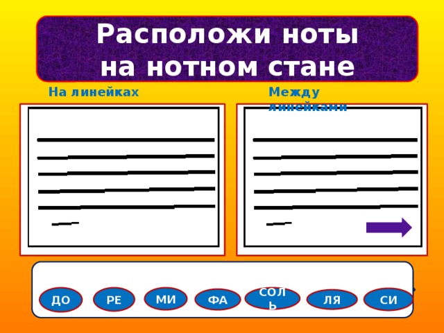 Расположи ноты на нотном стане На линейках Между линейками ДО РЕ МИ СОЛЬ СИ ФА ЛЯ 