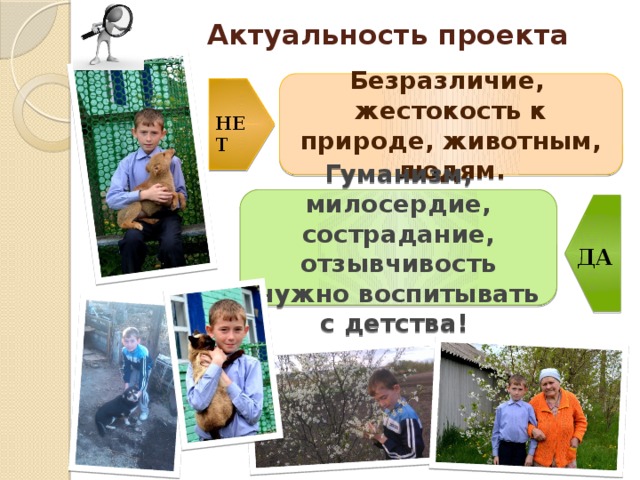 Актуальность проекта Безразличие, жестокость к природе, животным, людям. НЕТ Гуманизм, милосердие, сострадание, отзывчивость нужно воспитывать с детства! ДА 