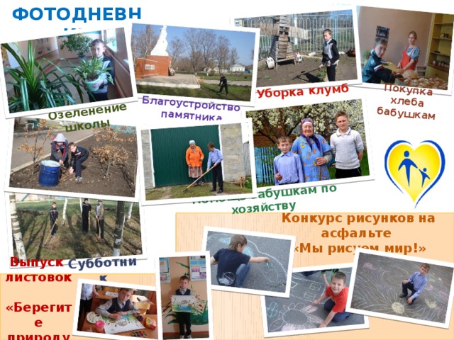 ФОТОДНЕВНИК Уборка клумб Озеленение школы Субботник Благоустройство памятника Покупка хлеба бабушкам Помощь бабушкам по хозяйству Конкурс рисунков на асфальте  «Мы рисуем мир!» Выпуск листовок  «Берегите природу!» 