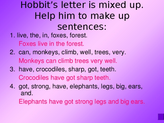 Hobbit’s letter is mixed up. Help him to make up sentences: 1. live, the, in, foxes, forest.  Foxes live in the forest. 2 . can, monkeys, climb, well, trees, very.  Monkeys can climb trees very well. 3 . have, crocodiles, sharp, got, teeth.  Crocodiles have got sharp teeth. 4 . got, strong, have, elephants, legs, big, ears, and.  Elephants have got strong legs and big ears. 