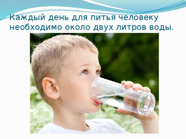 Каждый день для питья человеку необходимо около двух литров воды. 