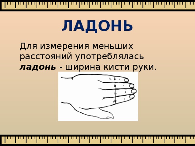 ЛАДОНЬ Для измерения меньших расстояний употреблялась ладонь - ширина кисти руки. 