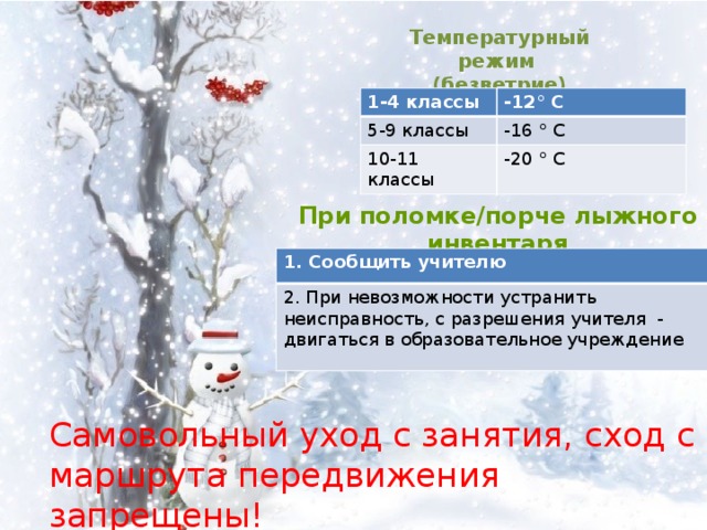 Температурный режим (безветрие) 1-4 классы -12° С 5-9 классы -16 ° С 10-11 классы -20 ° С При поломке/порче лыжного инвентаря 1. Сообщить учителю 2. При невозможности устранить неисправность, с разрешения учителя - двигаться в образовательное учреждение Самовольный уход с занятия, сход с маршрута передвижения запрещены! 