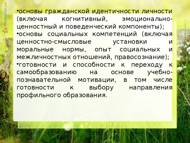 основы гражданской идентичности личности (включая когнитивный, эмоционально-ценностный и поведенческий компоненты); основы социальных компетенций (включая ценностно-смысловые установки и моральные нормы, опыт социальных и межличностных отношений, правосознание); готовности и способности к переходу к самообразованию на основе учебно-познавательной мотивации, в том числе готовности к выбору направления профильного образования.     