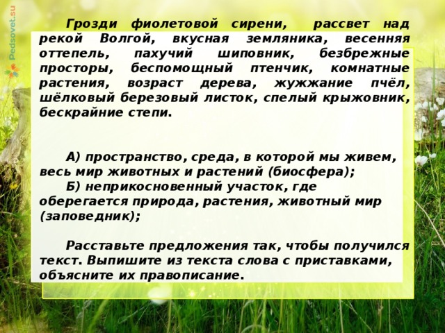 Грозди фиолетовой сирени, рассвет над рекой Волгой, вкусная земляника, весенняя оттепель, пахучий шиповник, безбрежные просторы, беспомощный птенчик, комнатные растения, возраст дерева, жужжание пчёл, шёлковый березовый листок, спелый крыжовник, бескрайние степи.   А) пространство, среда, в которой мы живем, весь мир животных и растений (биосфера); Б) неприкосновенный участок, где оберегается природа, растения, животный мир (заповедник);  Расставьте предложения так, чтобы получился текст. Выпишите из текста слова с приставками, объясните их правописание.   