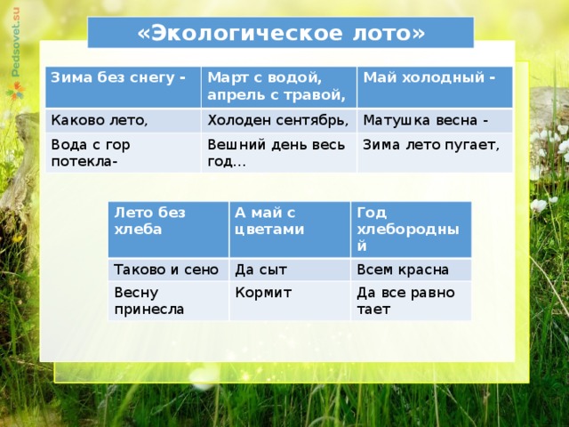 «Экологическое лото»   Зима без снегу - Март с водой, апрель с травой, Каково лето, Май холодный - Холоден сентябрь, Вода с гор потекла- Вешний день весь год… Матушка весна - Зима лето пугает, Лето без хлеба Таково и сено А май с цветами Год хлебородный Да сыт Весну принесла Всем красна Кормит Да все равно тает 