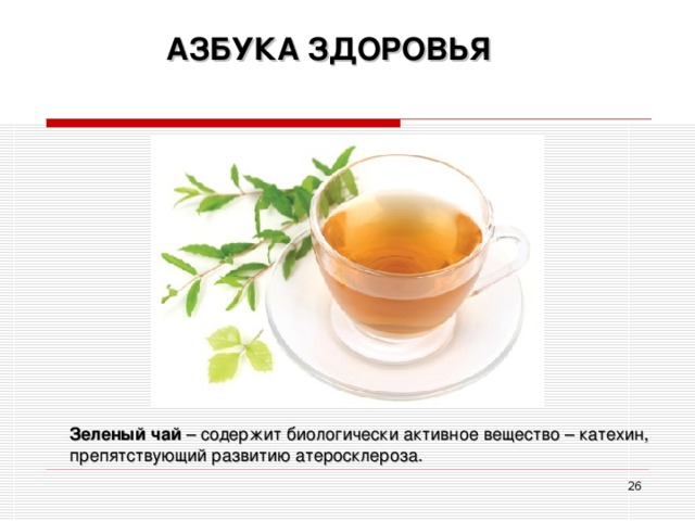 АЗБУКА ЗДОРОВЬЯ Зеленый чай – содержит биологически активное вещество – катехин, препятствующий развитию атеросклероза.  