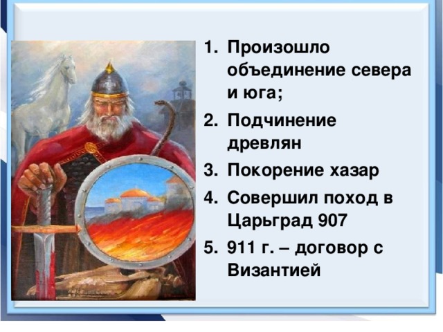 Произошло объединение севера и юга; Подчинение древлян Покорение хазар Совершил поход в Царьград 907 911 г. – договор с Византией 