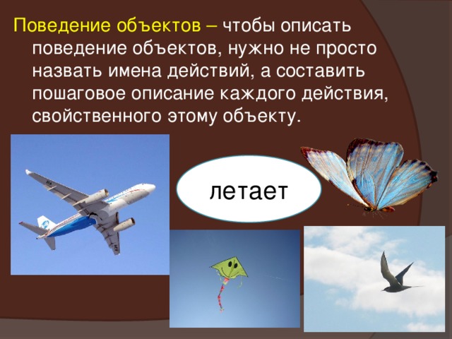 Поведение объектов – чтобы описать поведение объектов, нужно не просто назвать имена действий, а составить пошаговое описание каждого действия, свойственного этому объекту. летает 