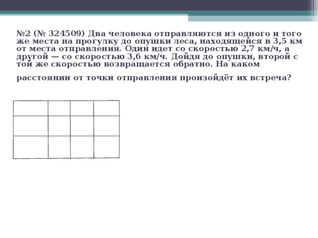 № 2 (№ 324509) Два человека отправляются из одного и того же места на прогулку до опушки леса, находящейся в 3,5 км от места отправления. Один идет со скоростью 2,7 км/ч, а другой — со скоростью 3,6 км/ч. Дойдя до опушки, второй с той же скоростью возвращается обратно. На каком расстоянии от точки  отправления произойдёт их встреча?  