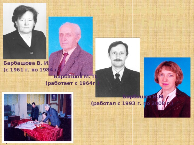 Es ist Barbaschows  Familie Барбашова В. И. (с 1961 г. по 1984 г.)  Барбашов М. П.  (работает с 1964г.)   Барбашов В.М.  (работал с 1993 г. по 2008 г.)   Барбашова М.М.  (работает с 1991 г.)  