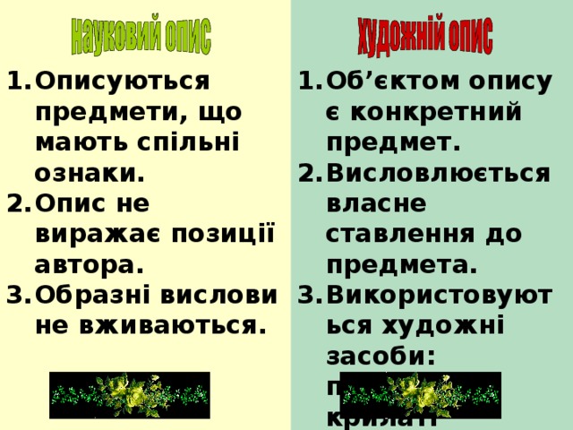     Описуються предмети, що мають спільні ознаки. Опис не виражає позиції автора. Образні вислови не вживаються. Об’єктом опису є конкретний предмет. Висловлюється власне ставлення до предмета. Використовуються художні засоби: порівняння, крилаті вислови, епітети. 