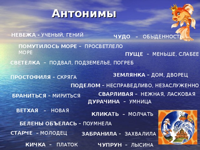 Синоним к слову чудо. Противоположность чуду. Противоположность слова чудо. Антоним к слову чудо. Антонимы в сказке о рыбаке.