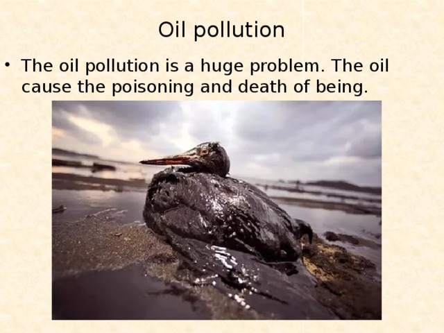 Oil pollution   The oil pollution is a huge problem. The oil cause the poisoning and death of being. 