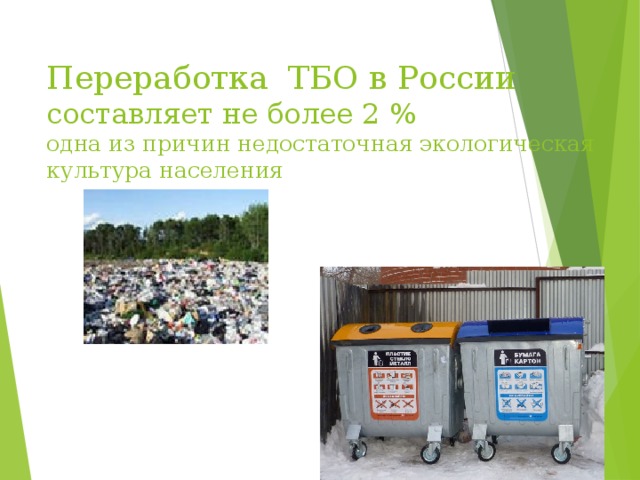  Переработка ТБО в России составляет не более 2 %  одна из причин недостаточная экологическая культура населения    