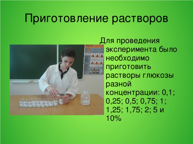 Приготовление растворов Для проведения эксперимента было необходимо приготовить растворы глюкозы разной концентрации: 0,1; 0,25; 0,5; 0,75; 1; 1,25; 1,75; 2; 5 и 10%  