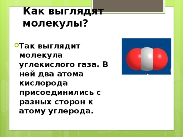 Как выглядят молекулы? Так выглядит молекула углекислого газа. В ней два атома кислорода присоединились с разных сторон к атому углерода. 