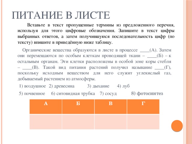 ПИТАНИЕ В ЛИСТЕ  Вставьте в текст пропущенные термины из предложенного перечня, используя для этого цифровые обозначения. Запишите в текст цифры выбранных ответов, а затем получившуюся последовательность цифр (по тексту) впишите в приведённую ниже таблицу.  Органические вещества образуются в листе в процессе  ____(А). Затем они перемещаются по особым клеткам проводящей ткани –  ____(Б) – к остальным органам. Эти клетки расположены в особой зоне коры стебля –  ____(В). Такой вид питания растений получил называние  ____(Г), поскольку исходным веществом для него служит углекислый газ, добываемый растением из атмосферы.  1) воздушное  2) древесина  3) дыхание  4) луб  5) почвенное 6) ситовидная трубка 7) сосуд 8) фотосинтез А Б В Г 