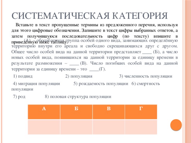 СИСТЕМАТИЧЕСКАЯ КАТЕГОРИЯ  Вставьте в текст пропущенные термины из предложенного перечня, используя для этого цифровые обозначения. Запишите в текст цифры выбранных ответов, а затем получившуюся последовательность цифр (по тексту) впишите в приведённую ниже таблицу.  ____ (А)  – обособленная группа особей одного вида, занимающих определённую территорию внутри его ареала и свободно скрещивающихся друг с другом. Общее число особей вида на данной территории представляет ____ (Б), а число новых особей вида, появившихся на данной территории за единицу времени в результате размножения  –  ____ (В). Число погибших особей вида на данной территории за единицу времени – это  ____(Г).  1) подвид  2) популяция  3) численность популяции  4) миграция популяции  5) рождаемость популяции 6) смертность популяции  7) род   8) половая структура популяции А Б В Г 