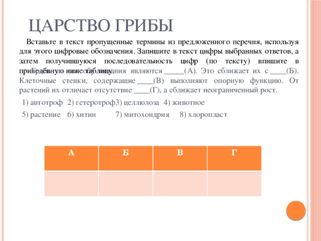    ЦАРСТВО ГРИБЫ  Вставьте в текст пропущенные термины из предложенного перечня, используя для этого цифровые обозначения. Запишите в текст цифры выбранных ответов, а затем получившуюся последовательность цифр (по тексту) впишите в приведённую ниже таблицу.  Грибы по способу питания являются _____(А). Это сближает их с ____(Б). Клеточные стенки, содержащие ____(В) выполняют опорную функцию. От растений их отличает отсутствие ____(Г), а сближает неограниченный рост.  1) автотроф  2) гетеротроф  3) целлюлоза  4) животное  5) растение  6) хитин   7) митохондрия  8) хлоропласт А Б В Г 