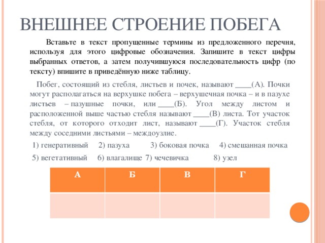 Запишите термин пропущенный в таблице. Внешнее строение побега текст пропущенные термины. ВЫБЕРЕТ из предложенного списка и вставьте в текст. Вставьте в текст строение пшеницы пропущенные термины. Вставьте в текст пропущенные термины побег это.