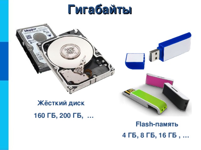 Гигабайты                                                                                                        Жёсткий  диск 160 ГБ, 200 ГБ, … Flash-память 4 ГБ, 8 ГБ, 16 ГБ , …  