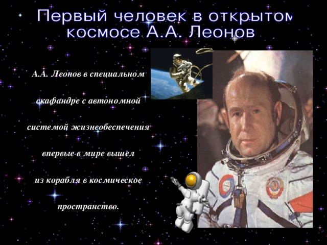 А.А. Леонов в специальном  скафандре с автономной  системой жизнеобеспечения  впервые в мире вышел  из корабля в космическое  пространство.  