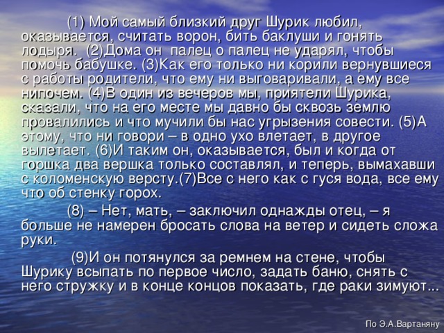 (1) Мой самый близкий друг Шурик любил, оказывается, считать ворон, бить баклуши и гонять лодыря. (2)Дома он палец о палец не ударял, чтобы помочь бабушке. (3)Как его только ни корили вернувшиеся с работы родители, что ему ни выговаривали, а ему все нипочем. (4)В один из вечеров мы, приятели Шурика, сказали, что на его месте мы давно бы сквозь землю провалились и что мучили бы нас угрызения совести. (5)А этому, что ни говори – в одно ухо влетает, в другое вылетает. (6)И таким он, оказывается, был и когда от горшка два вершка только составлял, и теперь, вымахавши с коломенскую версту.(7)Все с него как с гуся вода, все ему что об стенку горох.  (8) – Нет, мать, – заключил однажды отец, – я больше не намерен бросать слова на ветер и сидеть сложа руки.  (9)И он потянулся за ремнем на стене, чтобы Шурику всыпать по первое число, задать баню, снять с него стружку и в конце концов показать, где раки зимуют...  По Э.А.Вартаняну