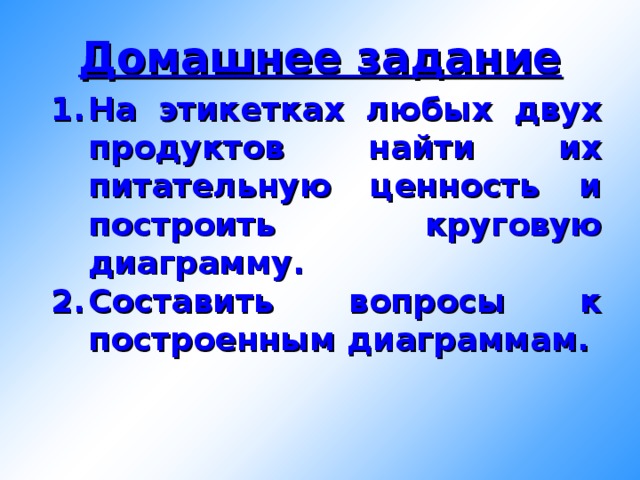 Домашнее задание На этикетках любых двух продуктов найти их питательную ценность и построить круговую диаграмму. Составить вопросы к построенным диаграммам.  