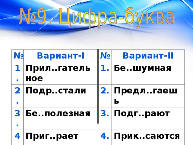№ Вариант- I 1. Прил..гательное 2. № Подр..стали 3. Вариант- II 1. Бе..шумная Бе..полезная 4. 2. 5. Приг..рает 3. Предл..гаешь Подг..рают Прик..сались 4. Прик..саются 5. Перер..стёшь 