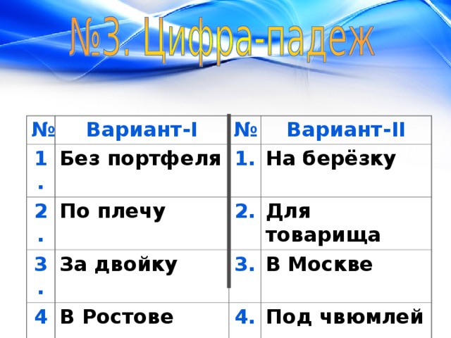 № Вариант- I 1. Без портфеля 2. № По плечу 3. Вариант- II 1. На берёзку За двойку 4. 2. 5. В Ростове 3. Для товарища В Москве Над хрюхрей 4. Под чвюмлей 5. По плащу 