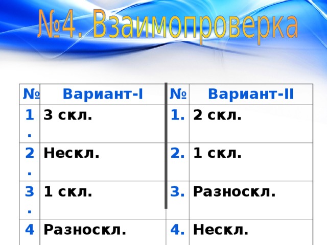 № 1. Вариант- I 3 скл. № 2. 3. Вариант- II 1. Нескл. 1 скл. 2 скл. 4. 2. 1 скл. 3. Разноскл. 5. Разноскл. 2 скл. 4. Нескл. 5. 3 скл. 
