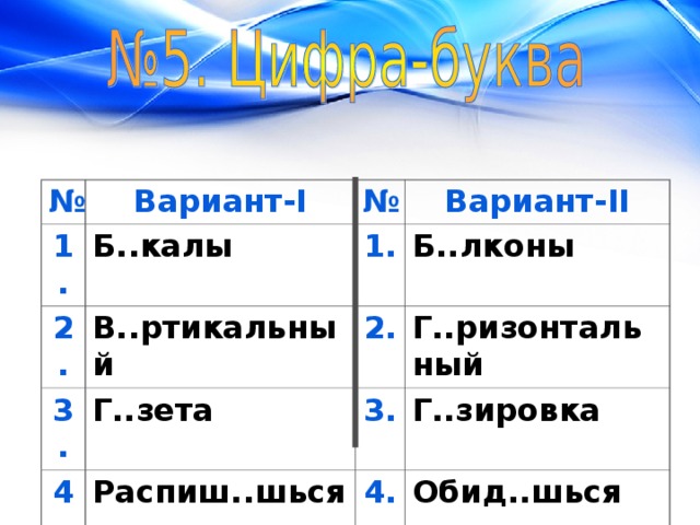 № Вариант- I 1. Б..калы 2. № В..ртикальный 3. Вариант- II 1. Б..лконы Г..зета 4. 2. 5. Распиш..шься 3. Г..ризонтальный Г..зировка Подг..ревший 4. Обид..шься 5. З..ркальный 