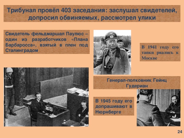 Трибунал провёл 403 заседания: заслушал свидетелей, допросил обвиняемых, рассмотрел улики Свидетель фельдмаршал Паулюс – один из разработчиков «Плана Барбаросса», взятый в плен под Сталинградом В 1941 году его танки рвались к Москве Генерал-полковник Гейнц Гудериан В 1945 году его допрашивают в Нюрнберге  