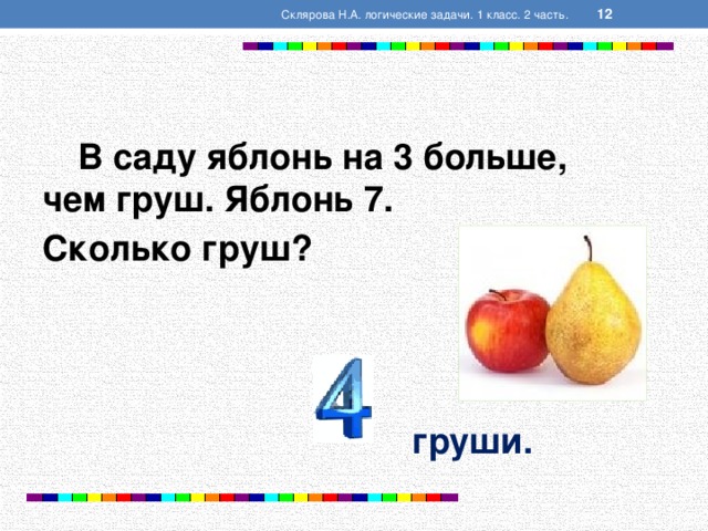  Склярова Н.А. логические задачи. 1 класс. 2 часть.  В саду яблонь на 3 больше, чем груш. Яблонь 7. Сколько груш?   груши.  