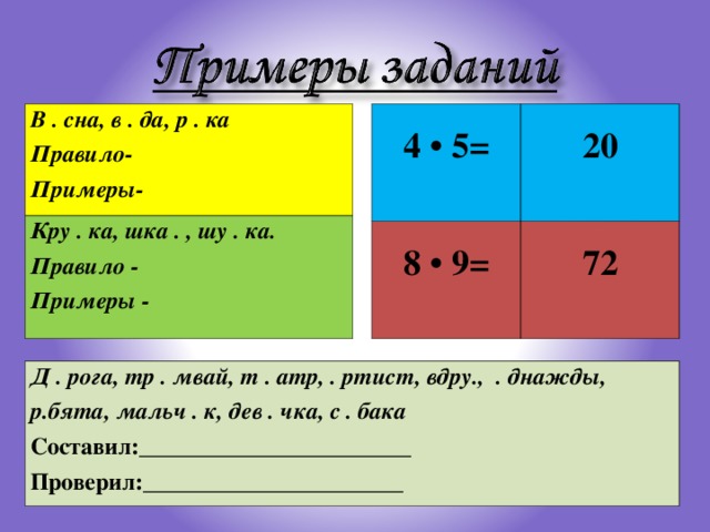 В . сна, в . да, р . ка Правило- Примеры- Кру . ка, шка . , шу . ка. Правило - Примеры - 4 • 5= 20 8 • 9= 72 Д . рога, тр . мвай, т . атр, . ртист, вдру., . днажды, р.бята, мальч . к, дев . чка, с . бака Составил:_______________________ Проверил:______________________ 