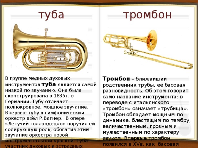 туба тромбон В группе медных духовых инструментов туба является самой низкой по звучанию. Она была сконструирована в 1835г. в Германии. Тубу отличает полнокровное, мощное звучание. Впервые тубу в симфонический оркестр ввёл Р.Вагнер. В опере «Летучий голландец»он поручил ей солирующую роль, обогатив этим звучание оркестра новой инструментальной краской. Туба – участник духовых и эстрадных оркестров. Тромбон – ближайший родственник трубы, её басовая разновидность. Об этом говорит само название инструмента: в переводе с итальянского «тромбон» означает «трубища». Тромбон обладает мощным по динамике, блестящим по тембру, величественным, грозным и мужественным по характеру звуком. Впервые тромбон появился в XVв. как басовая разновидность трубы. 