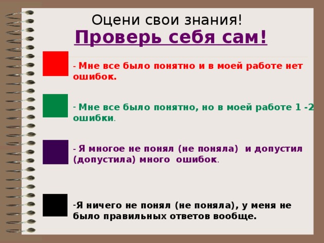 Оцени свои знания! Проверь себя сам! -  Мне все было понятно и в моей работе нет ошибок.  Мне все было понятно, но в моей работе 1 -2 ошибки .  -  Я многое не понял (не поняла) и допустил (допустила) много ошибок . Я ничего не понял (не поняла), у меня не было правильных ответов вообще.  