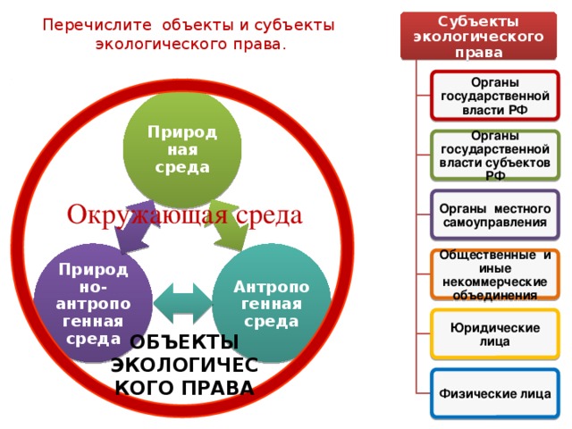 Перечислите объекты и субъекты экологического права. Субъекты экологического права Органы государственной власти РФ Природная среда Органы государственной власти субъектов РФ Органы местного самоуправления Окружающая среда Природно-антропогенная среда Антропогенная среда Общественные и иные некоммерческие объединения Юридические лица ОБЪЕКТЫ ЭКОЛОГИЧЕСКОГО ПРАВА Физические лица 