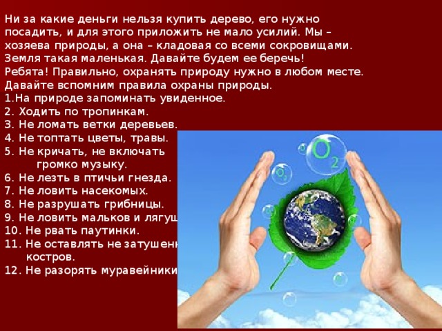 Ни за какие деньги нельзя купить дерево, его нужно посадить, и для этого приложить не мало усилий. Мы – хозяева природы, а она – кладовая со всеми сокровищами. Земля такая маленькая. Давайте будем ее беречь! Ребята! Правильно, охранять природу нужно в любом месте. Давайте вспомним правила охраны природы. На природе запоминать увиденное.  2. Ходить по тропинкам.  3. Не ломать ветки деревьев.  4. Не топтать цветы, травы.  5. Не кричать, не включать  громко музыку.  6. Не лезть в птичьи гнезда.  7. Не ловить насекомых.  8. Не разрушать грибницы.  9. Не ловить мальков и лягушек.  10. Не рвать паутинки.  11. Не оставлять не затушенных  костров.  12. Не разорять муравейники.   