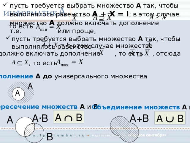 пусть требуется выбрать множество A так, чтобы выполнялось равенство A + X = I ; в этом случае множество A должно включать дополнение т.е. или проще, то есть пусть требуется выбрать множество A так, чтобы выполнялось равенство , в этом случае множество должно включать дополнение , то есть , отсюда , то есть Дополнение А до универсального множества A Пересечение множеств A  и  B Объединение  множеств  A и B A  B A  B A ·B A+B A B 