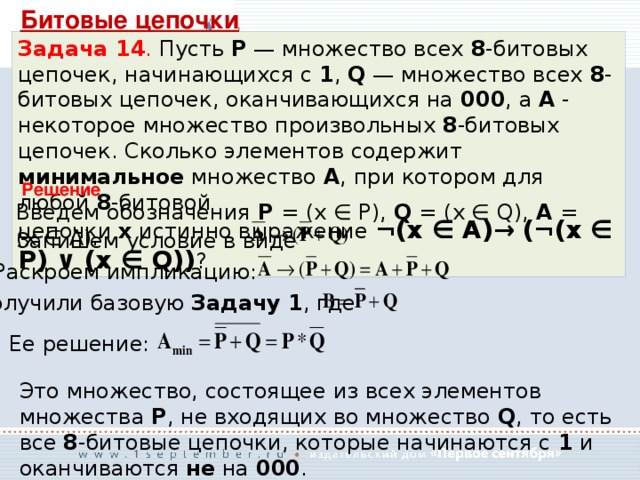 Битовые цепочки Задача 14 . Пусть P — множество всех 8 -битовых цепочек, начинающихся с 1 , Q — множество всех 8 -битовых цепочек, оканчивающихся на 000 , а A - некоторое множество произвольных 8 -битовых цепочек. Сколько элементов содержит минимальное множество A , при котором для любой 8 -битовой цепочки x истинно выражение ¬(x ∈ A)→ (¬(x ∈ P) ∨ (x ∈ Q)) ? Решение Введем обозначения P = (x ∈ P), Q = (x ∈ Q), A = (x ∈ A). Запишем условие в виде Раскроем импликацию: Получили базовую Задачу 1 , где Ее решение: Это множество, состоящее из всех элементов множества P , не входящих во множество Q , то есть все 8 -битовые цепочки, которые начинаются с 1 и оканчиваются не на 000 . 