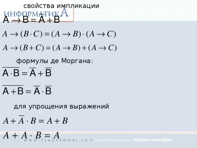 свойства импликации формулы де Моргана: для упрощения выражений 