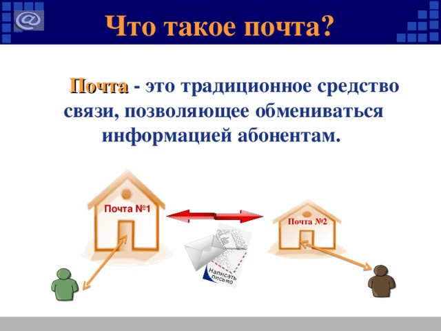 Что такое почта?  Почта - это традиционное средство связи, позволяющее обмениваться информацией абонентам. Почта №1 Почта №2