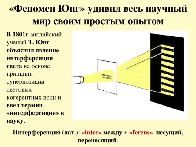 «Феномен Юнг» удивил весь научный мир своим простым опытом В 1801г английский ученый Т. Юнг объяснил явление интерференции света на основе принципа суперпозиции световых когерентных волн и ввел термин «интерференция» в науку. Интерференция (лат.) : «inter» между + «ferens» несущий, переносящий . 