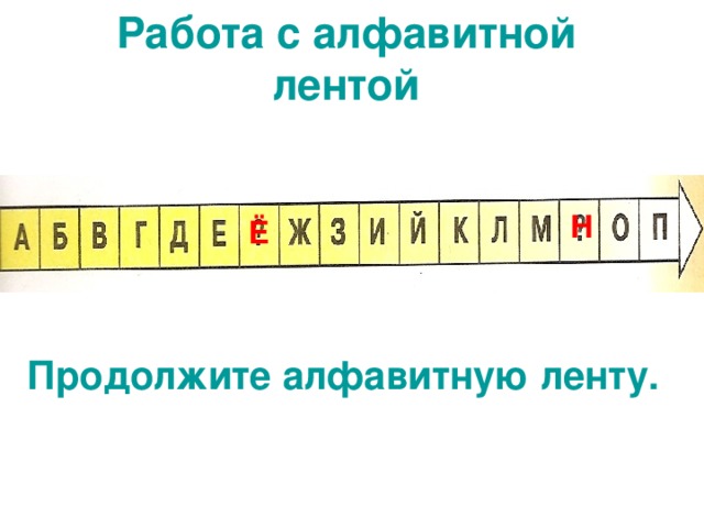 Работа с алфавитной лентой Н Ё  Продолжите алфавитную ленту. 