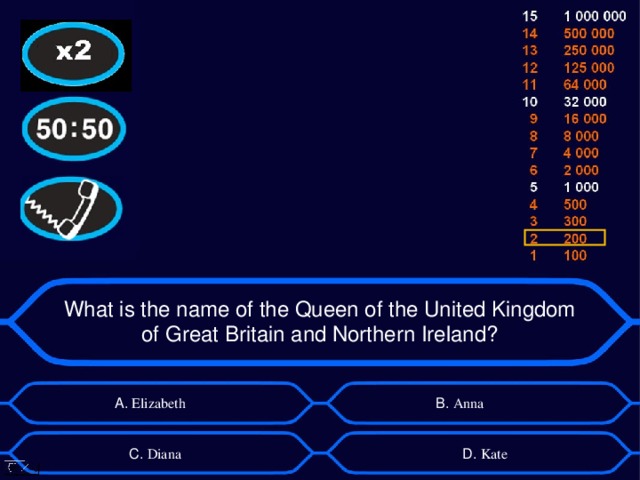 What is the name of the Queen of the United Kingdom of Great Britain and Northern Ireland? А. Elizabeth B . Anna D . Kate C . Diana 