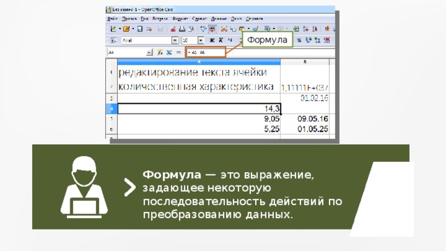 Формула Формула — это выражение, задающее некоторую последовательность действий по преобразованию данных. 