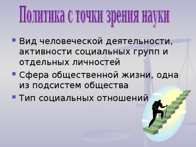 Вид человеческой деятельности, активности социальных групп и отдельных личностей Сфера общественной жизни, одна из подсистем общества Тип социальных отношений 