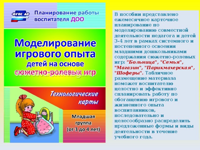 В пособии представлено ежемесячное карточное планирование по моделированию совместной деятельности педагога и детей 3-4 лет в рамках системного и постепенного освоения младшими дошкольниками содержания сюжетно-ролевых игр: 